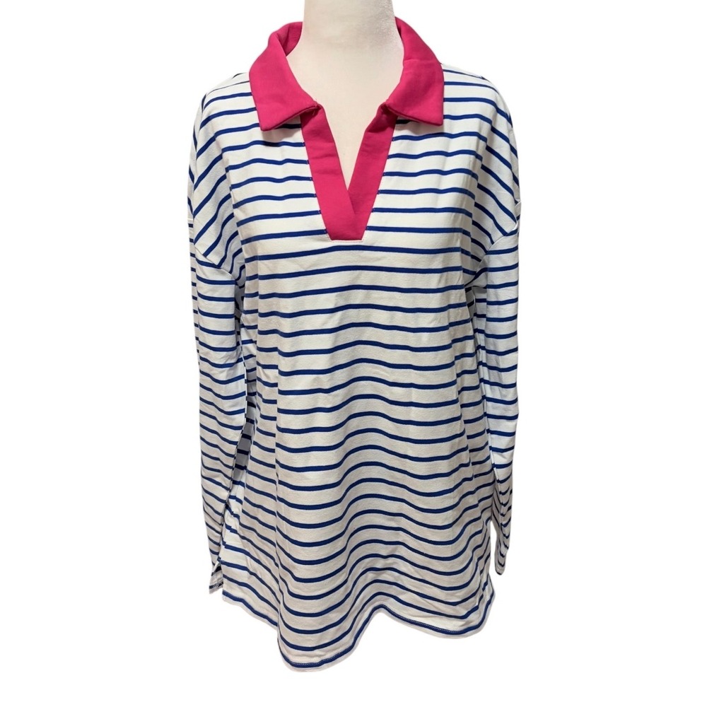 NEW‎ Blue White Striped Long Sleeve Polo Pullover Sweatshirt Medium Pink Collar - Picture 2 of 6